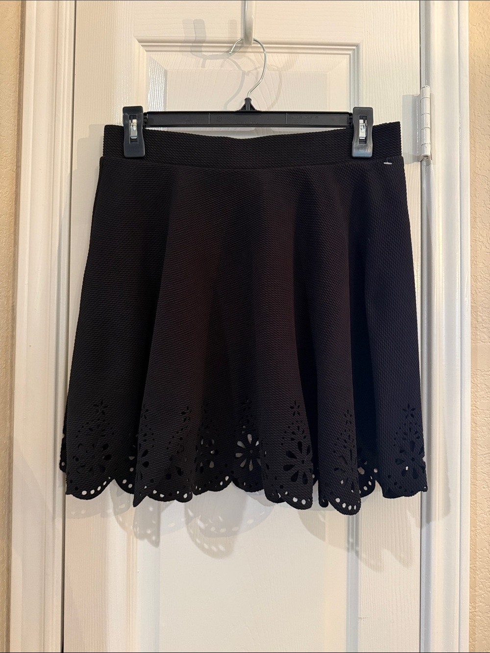 Black Laser-Cut Scalloped Hem Skater Skirt
